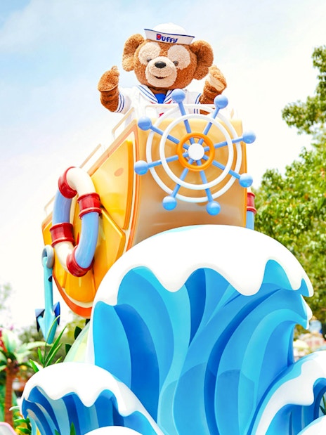 Duffy bear on a parade float with nautical theme at Shanghai Disneyland.
