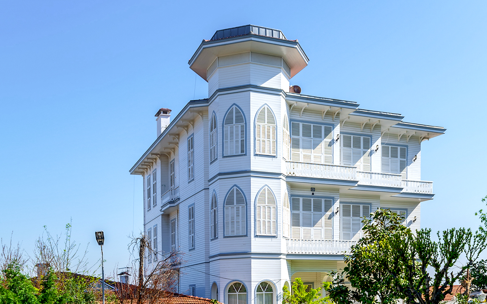 Traditional multi-story white wooden house on Buyukada, Istanbul.