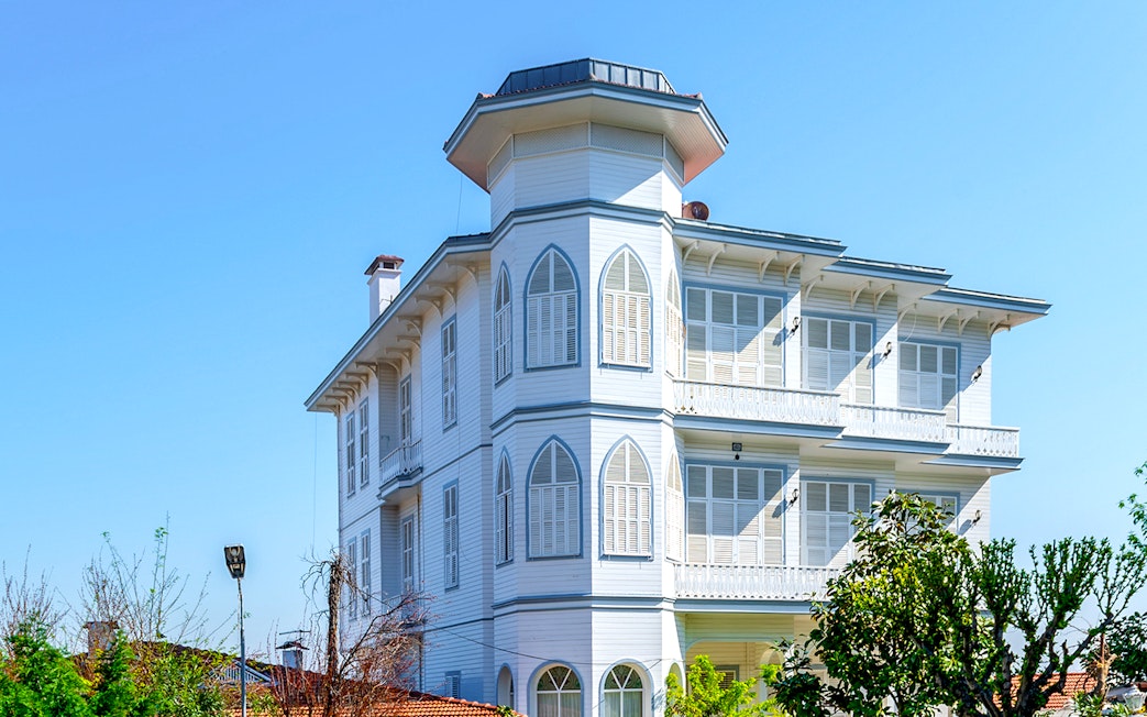 Traditional multi-story white wooden house on Buyukada, Istanbul.
