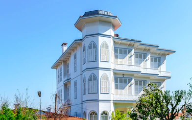 Traditional multi-story white wooden house on Buyukada, Istanbul.
