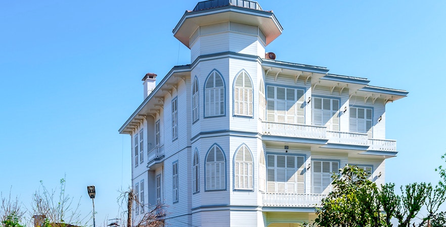 Traditional multi-story white wooden house on Buyukada, Istanbul.