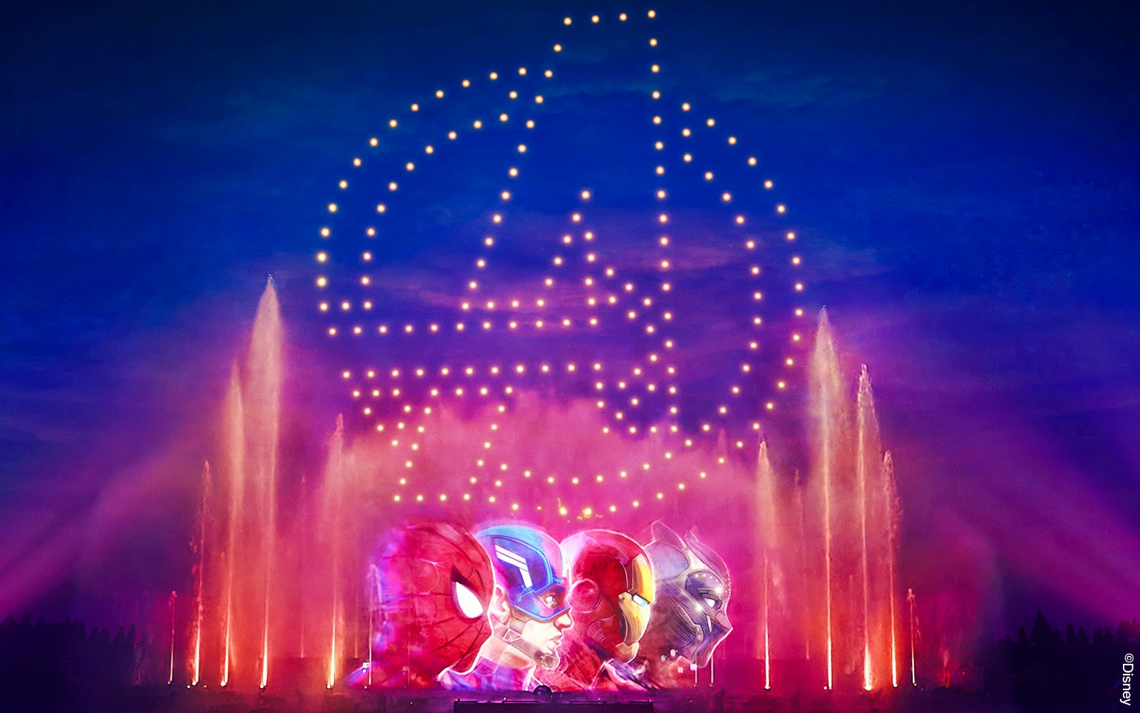 Disneyland World of Frozen Illuminations with Avengers light show and fountains.