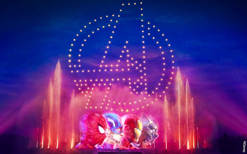 Disneyland World of Frozen Illuminations with Avengers light show and fountains.