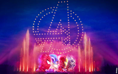 Disneyland World of Frozen Illuminations with Avengers light show and fountains.