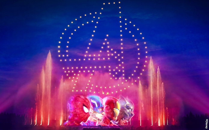 Disneyland World of Frozen Illuminations with Avengers light show and fountains.