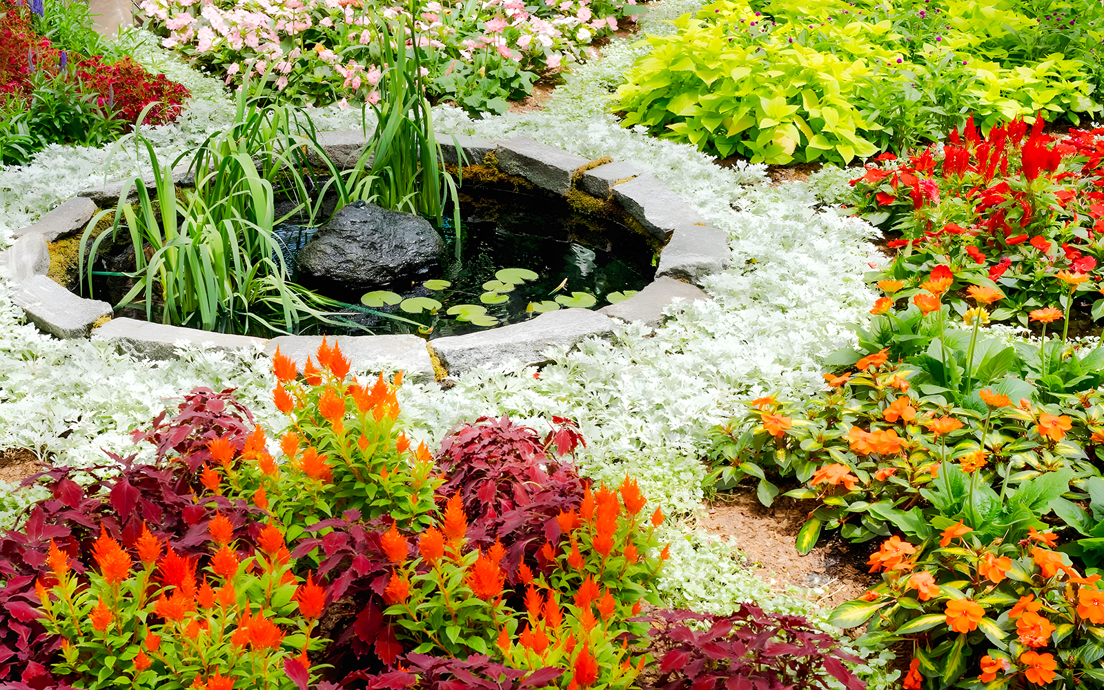 Colorful flower garden with pond at Van Gogh’s Flowers exhibit, NYBG.