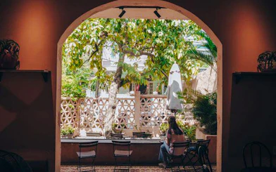 Outdoor cafe view with lush greenery, Da Nang Coastal Charm Half-Day Cafe Tour.