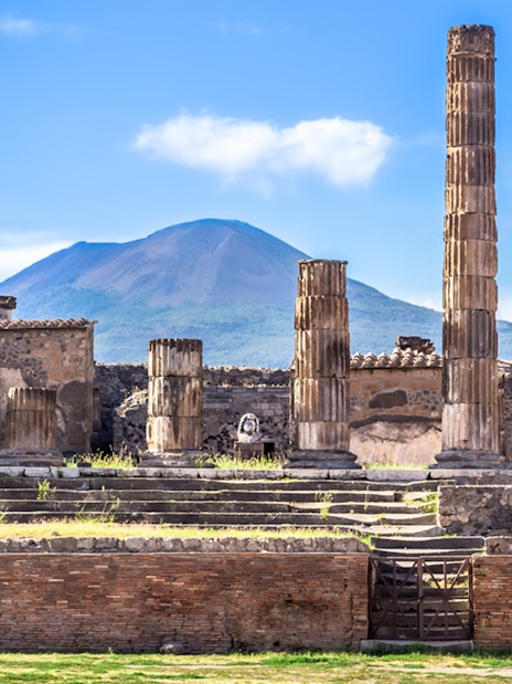 Ancient ruins of Pompeii with Mount Vesuvius in the background, UNESCO World Heritage Site.