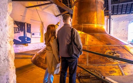 Visitors exploring copper stills at Midleton Distillery during a behind-the-scenes tour.