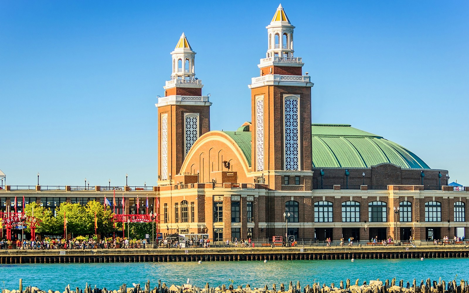 Navy Pier's historic building with twin towers in Chicago.
