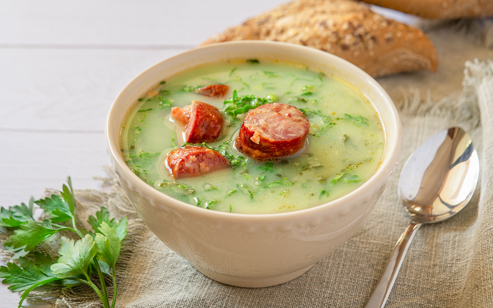 Caldo verde soup with kale and chorizo, a traditional Portuguese dish.