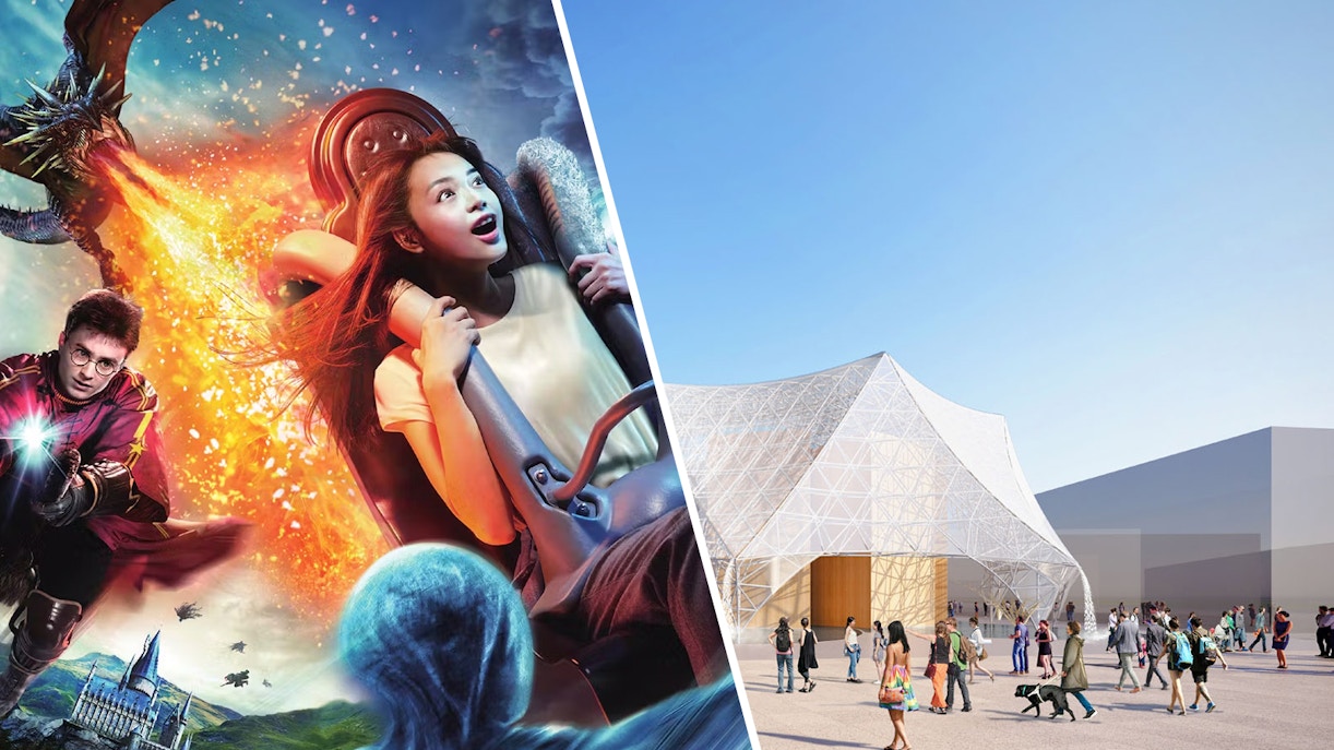 Universal Studios Japan ride and Osaka Expo 2025 pavilion with visitors.