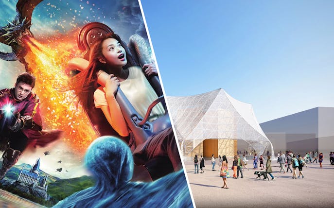 Universal Studios Japan ride and Osaka Expo 2025 pavilion with visitors.