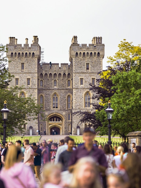 Crowd outside Windsor Castle entrance surrounded by trees.