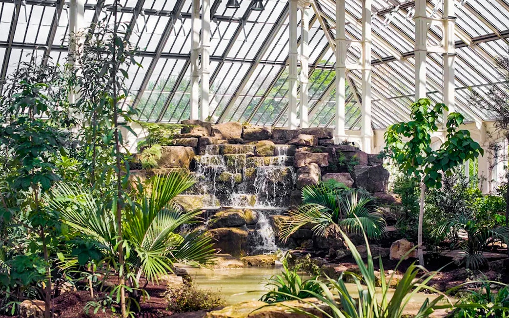 Waterfall surrounded by lush plants in the Temperate House at Kew Gardens.