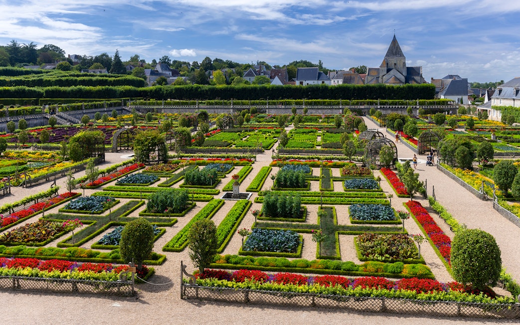 Villandry gardens with geometric flower beds and pathways, part of the Villandry, Azay-le-Rideau tour.