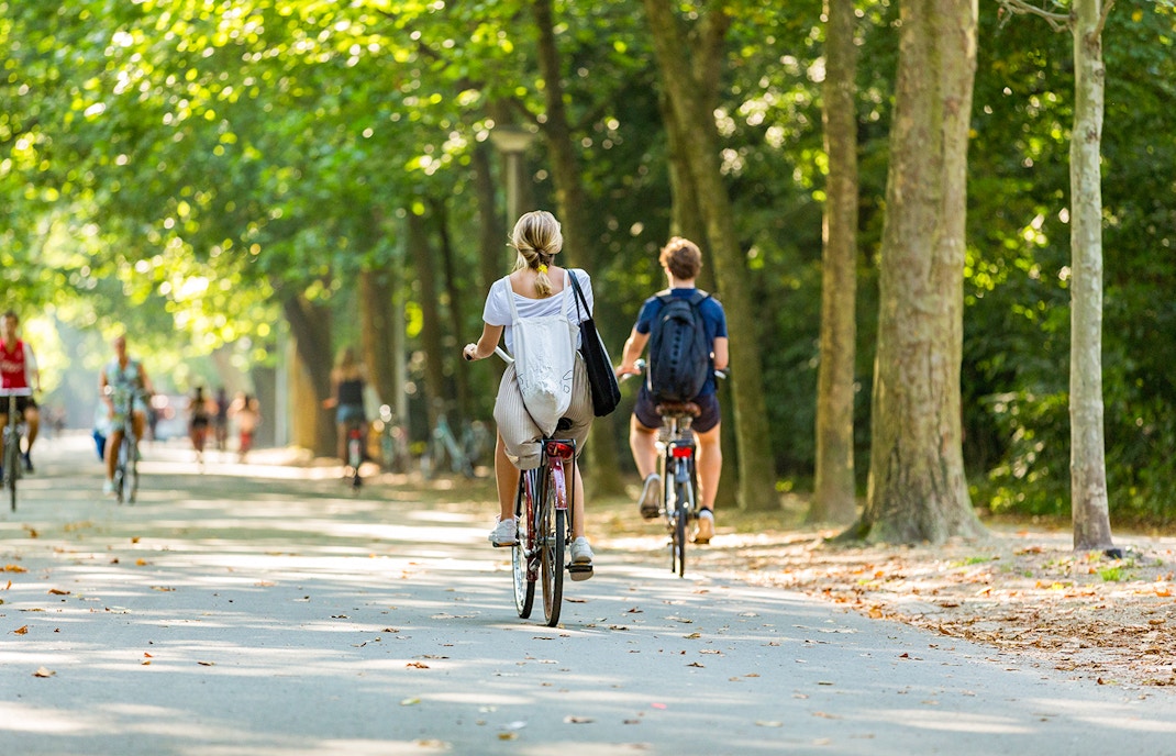 Children biking through Vondelpark, Amsterdam, on a sunny day.