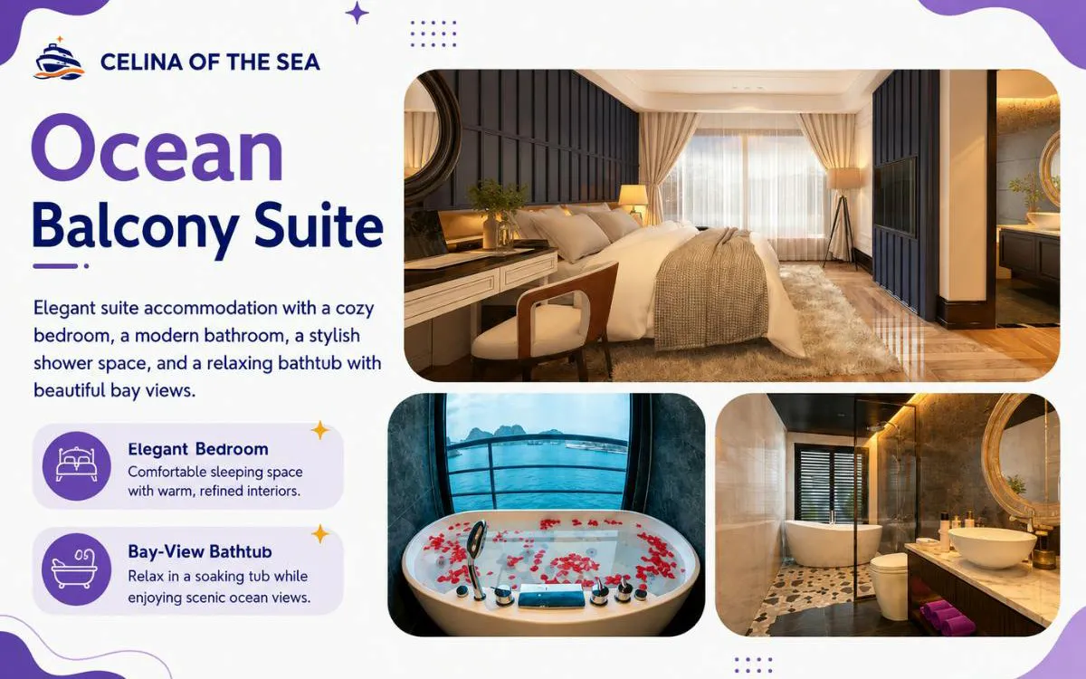 Luxury suite with ocean view, elegant bedroom, and bay-view bathtub on Ha Long & Lan Ha Bay cruise.