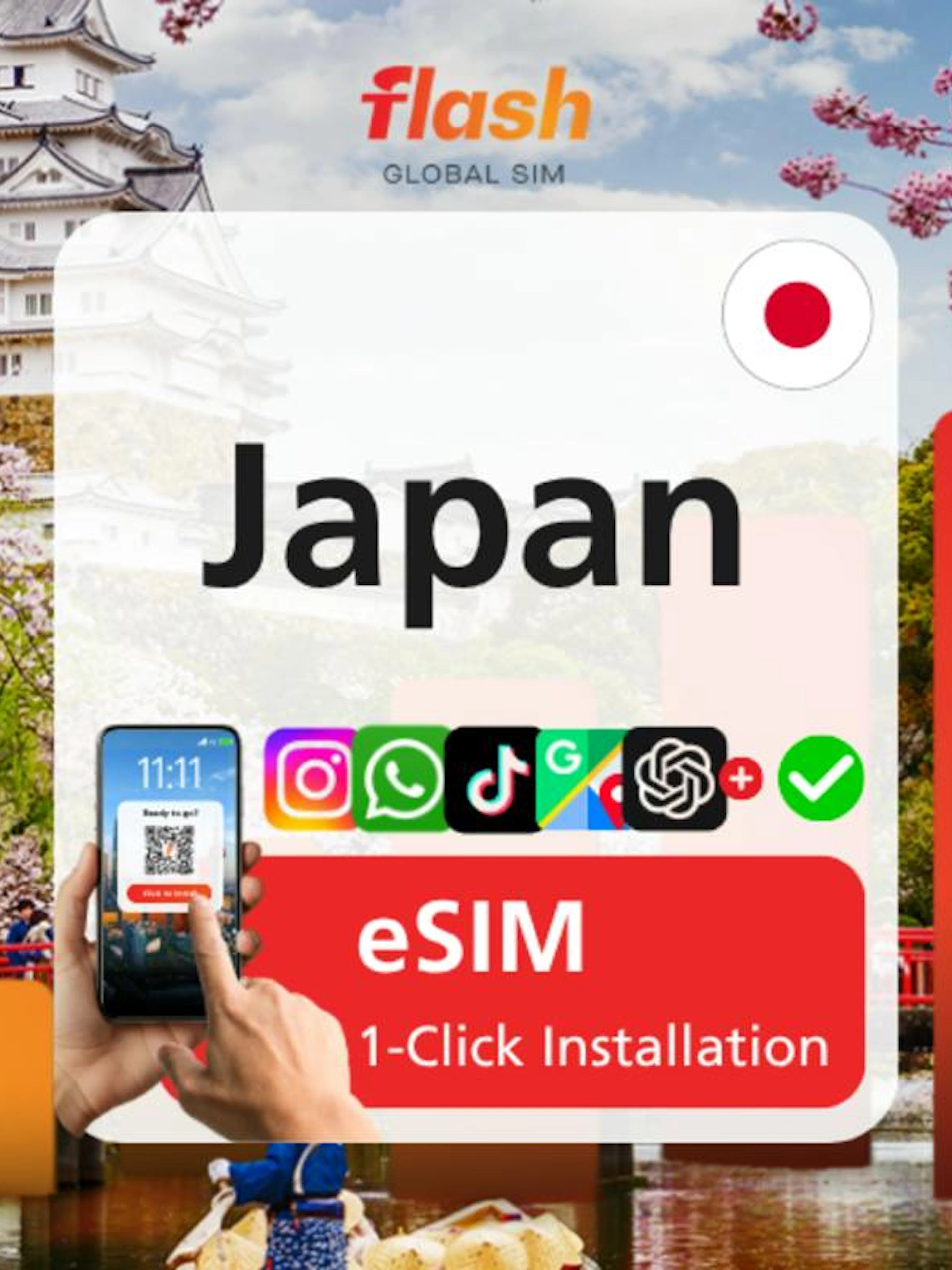 Japan eSIM installation with cherry blossoms and Osaka castle in background.
