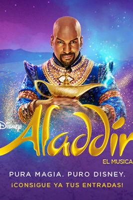 Genie holding a magic lamp with "Aladdin The Musical" text in a mystical desert setting.