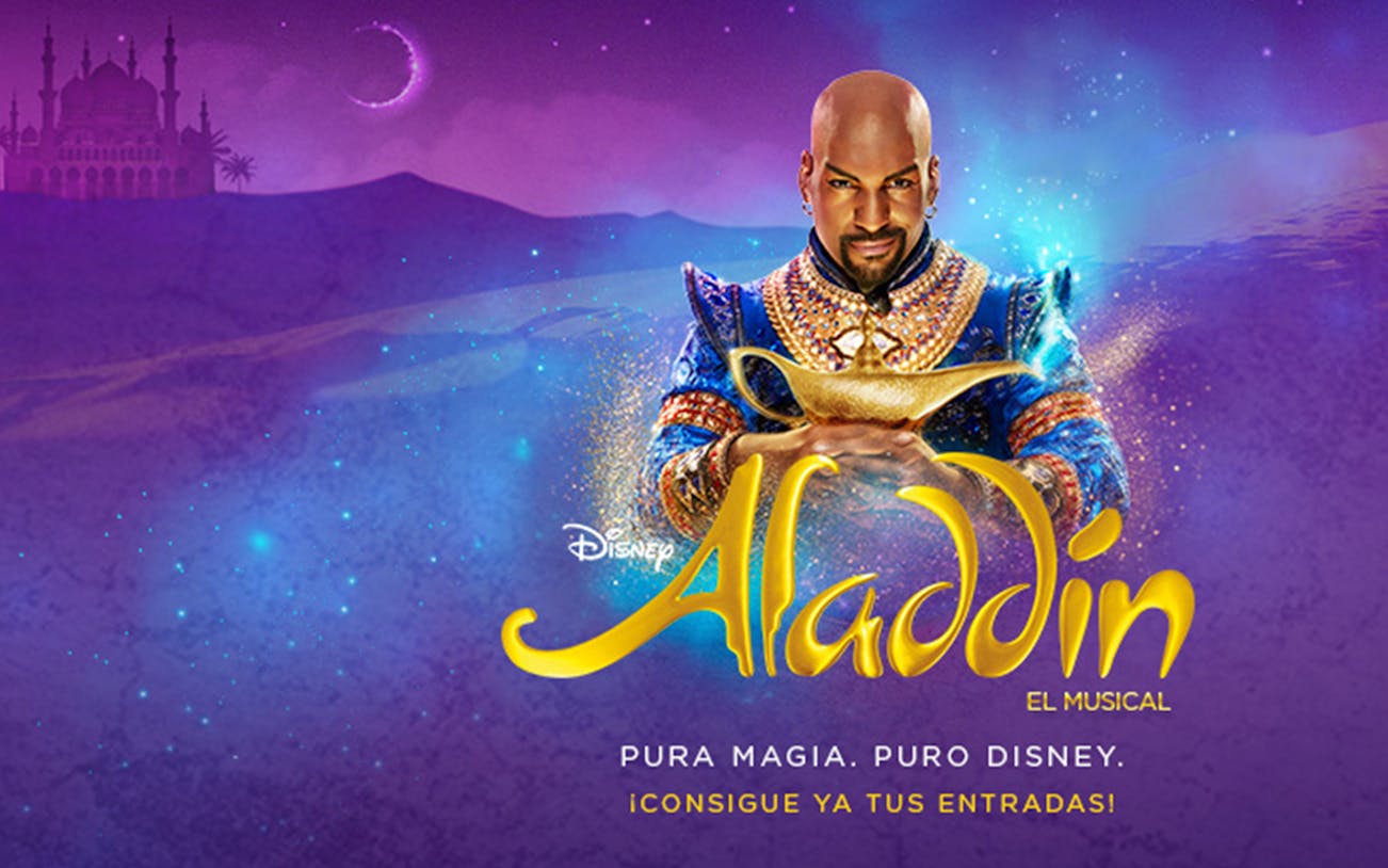 Genie holding a magic lamp with "Aladdin The Musical" text in a mystical desert setting.