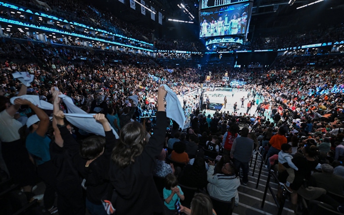 Fans cheering at New York Liberty basketball game in a packed arena.