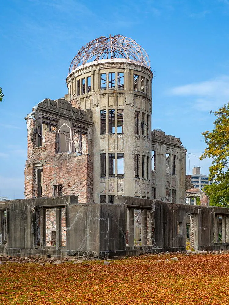Hiroshima Peace Memorial, autumn leaves, blue sky, Japan.