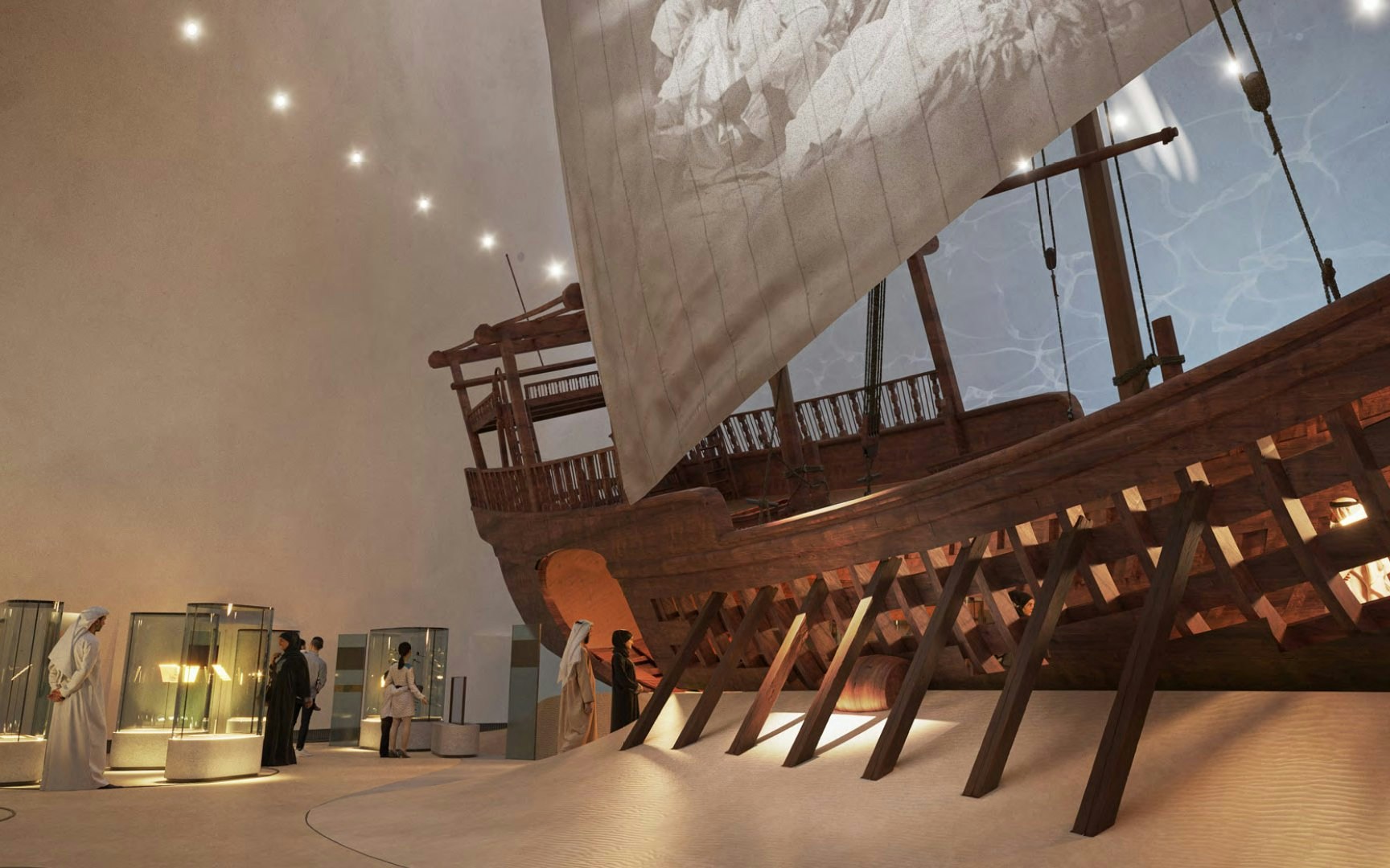 Visitors viewing maritime exhibits at Zayed National Museum, featuring a large traditional wooden ship.