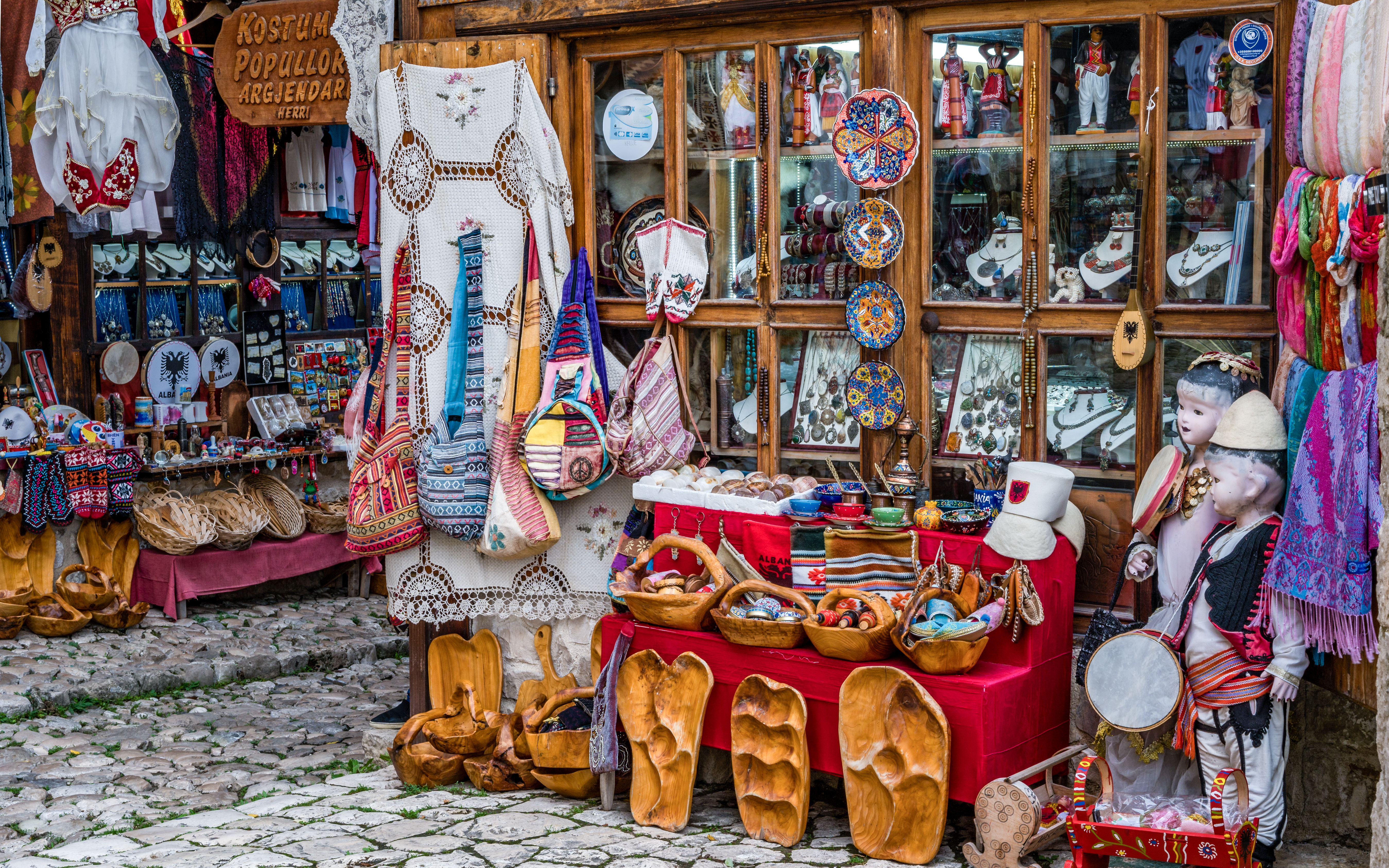 Traditional crafts and souvenirs at the old bazaar in Kruje, Albania.