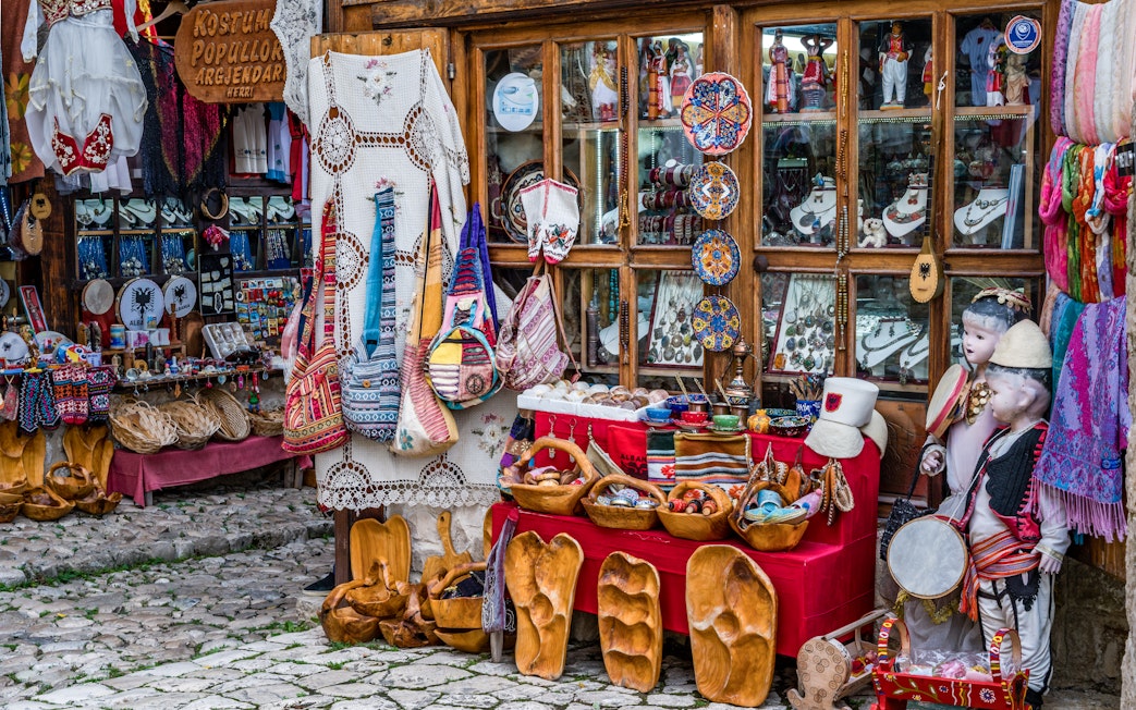 Traditional crafts and souvenirs at the old bazaar in Kruje, Albania.