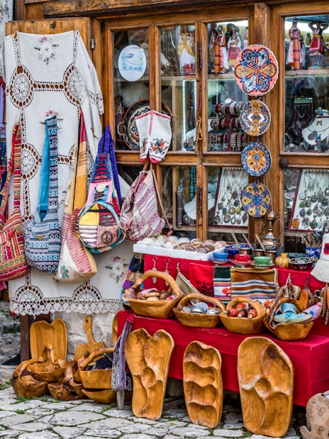 Traditional crafts and souvenirs at the old bazaar in Kruje, Albania.