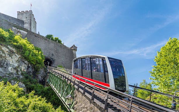 Funicular ascending to Fortress Hohensalzburg, Salzburg, Austria.