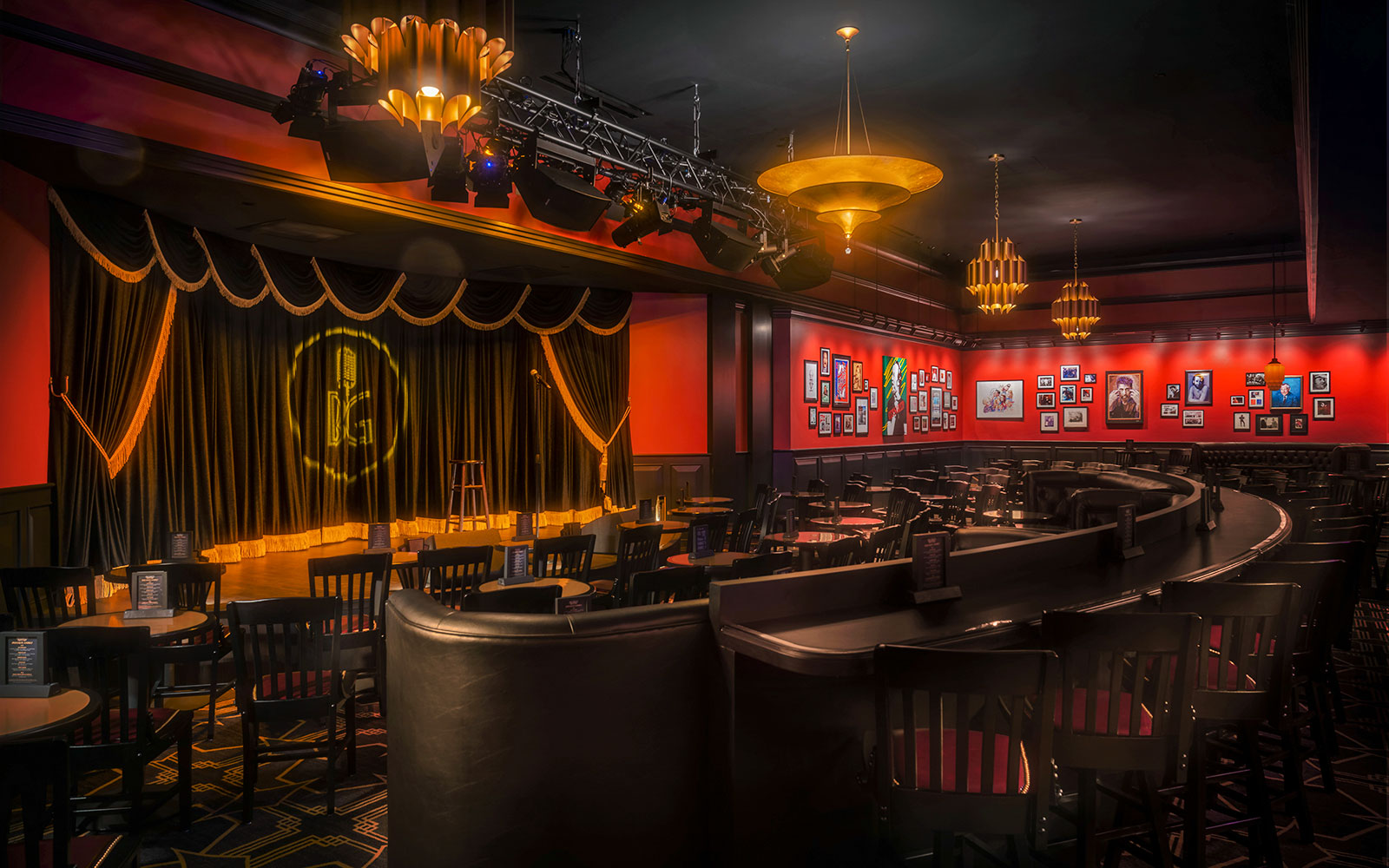 Stage setup at Brad Garrett's Comedy Club in Vegas with empty seating.