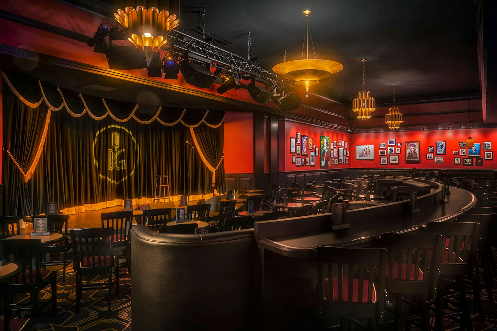 Stage setup at Brad Garrett's Comedy Club in Vegas with empty seating.