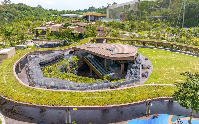 Aerial view of Mandai Wildlife Reserve with lush greenery and modern architecture.