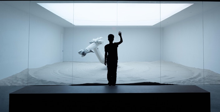 Silhouette of a person facing a robotic arm exhibit at Mercer Labs: Museum Of Art & Tech.