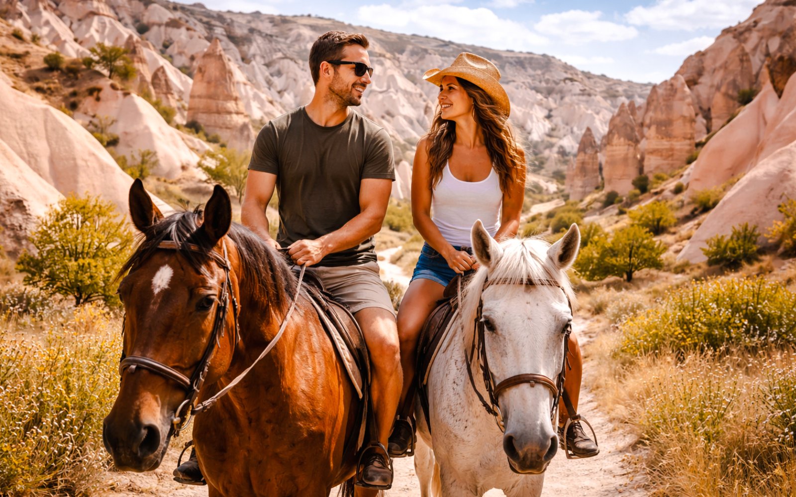 Guests horseback riding through Cappadocia's unique rock formations.
