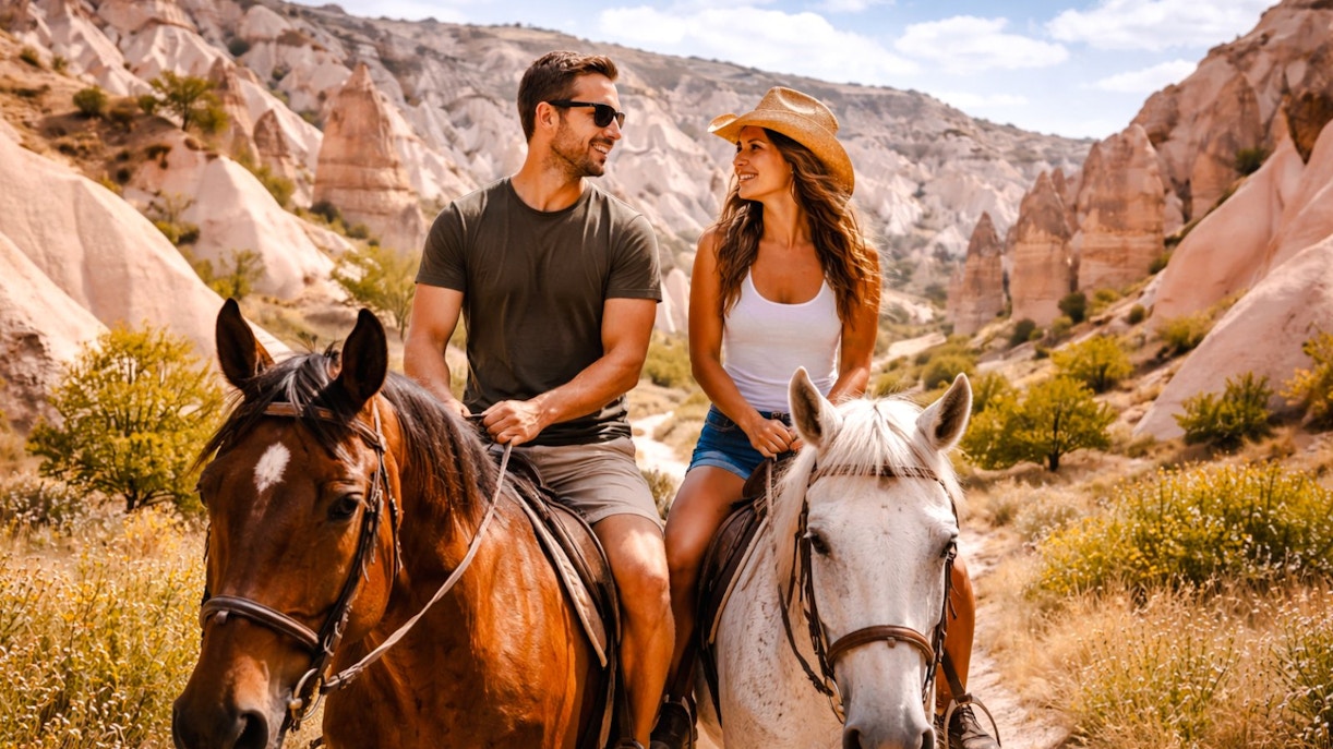 Guests horseback riding through Cappadocia's unique rock formations.