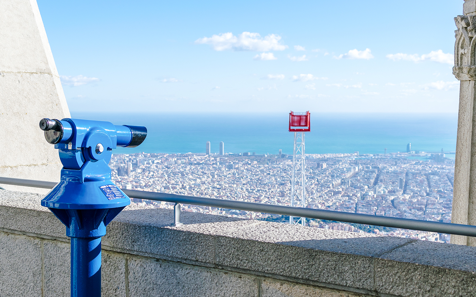 Viewing platform at Temple of the Sacred Heart of Jesus overlooking Barcelona cityscape.