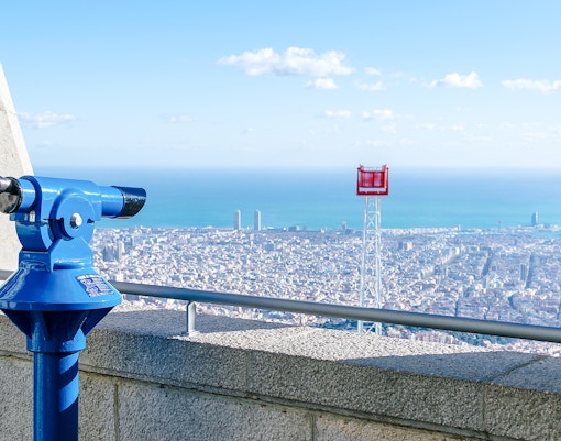 Viewing platform at Temple of the Sacred Heart of Jesus overlooking Barcelona cityscape.