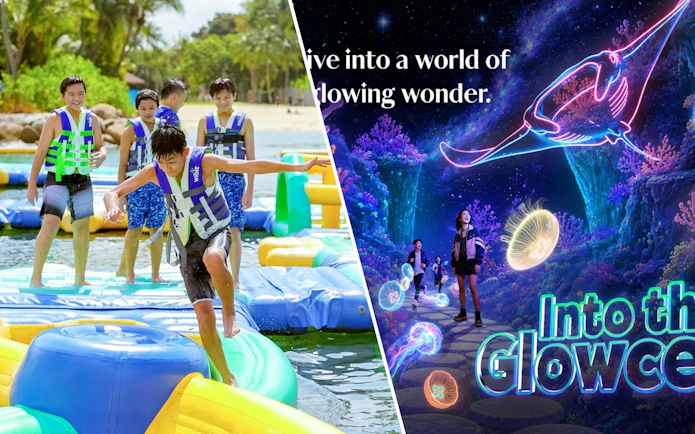 Children enjoying inflatable water park at HydroDash Singapore; glowing marine-themed path at Resorts World Sentosa.