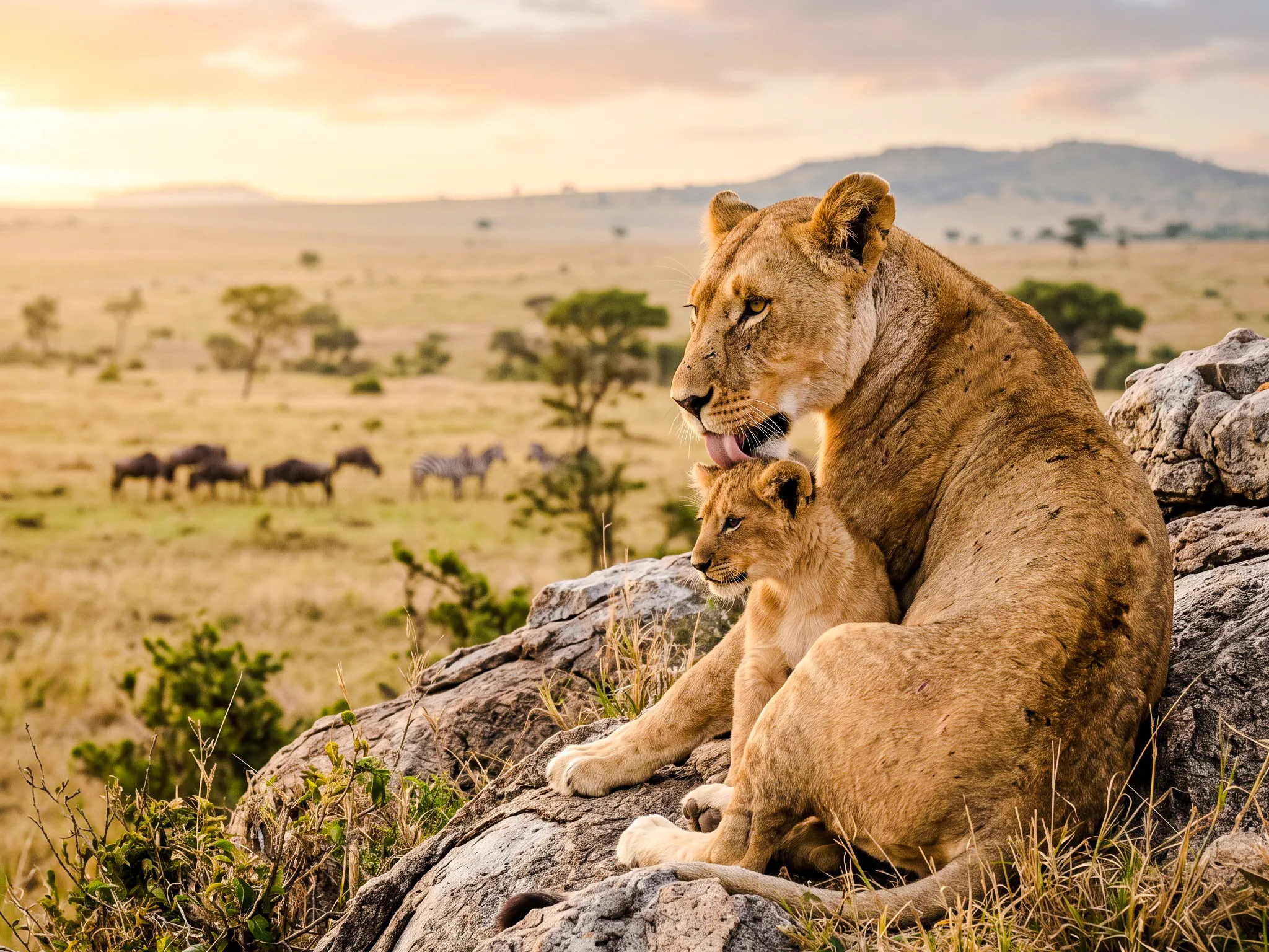 Lioness and cub resting on rocks with zebras and wildebeests in Serengeti, Tanzania.