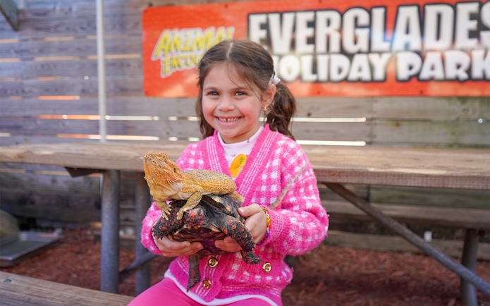 Child holding a lizard and turtle at Everglades Holiday Park animal encounter.