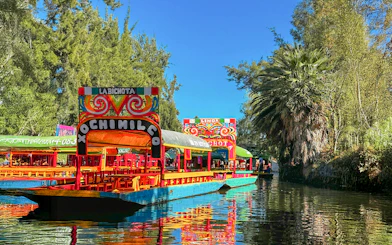 Trajinera boats on Xochimilco canal, Mexico City, with colorful decorations.