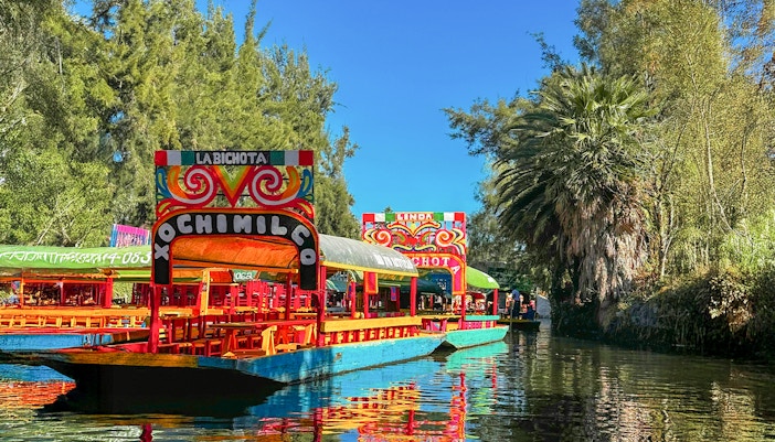 Trajinera boat with colorful decorations on Xochimilco canal, Mexico City, featuring lively group celebration.