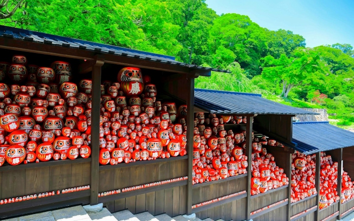 Daruma dolls displayed in wooden stalls, symbolizing perseverance in Japan.