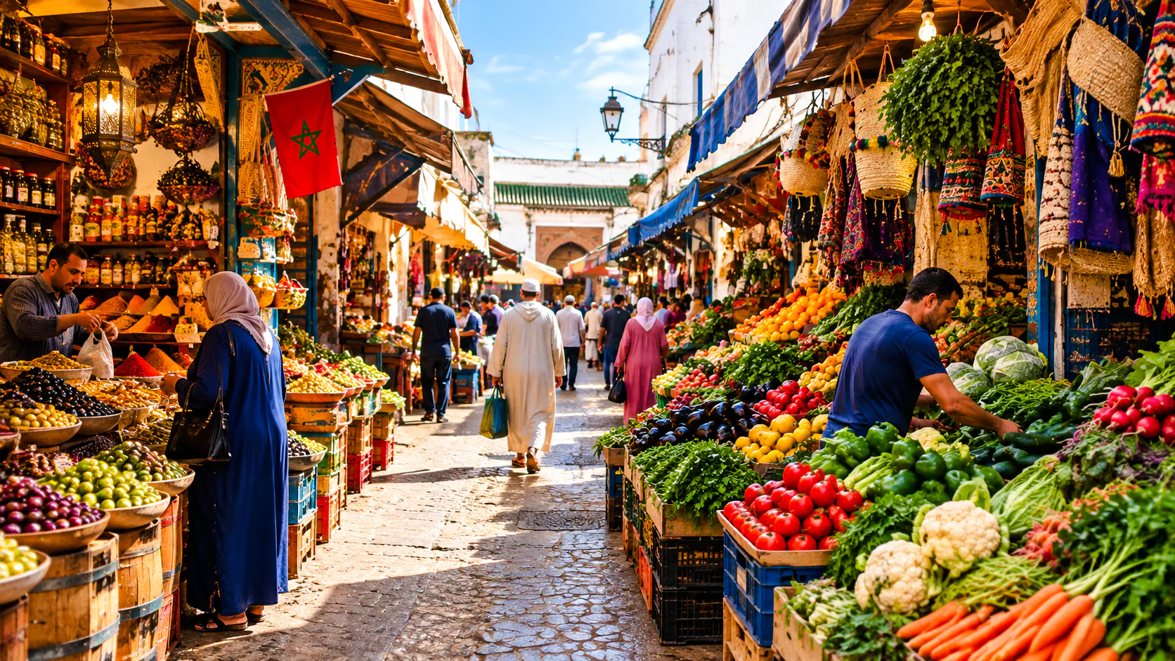 Tangier market with colorful produce and shoppers exploring local souks.