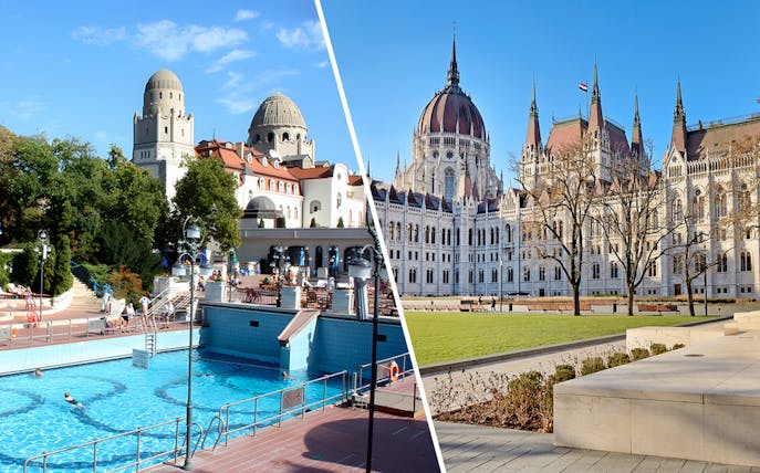 Gellert Bath outdoor pool and Hungarian Parliament Building in Budapest.