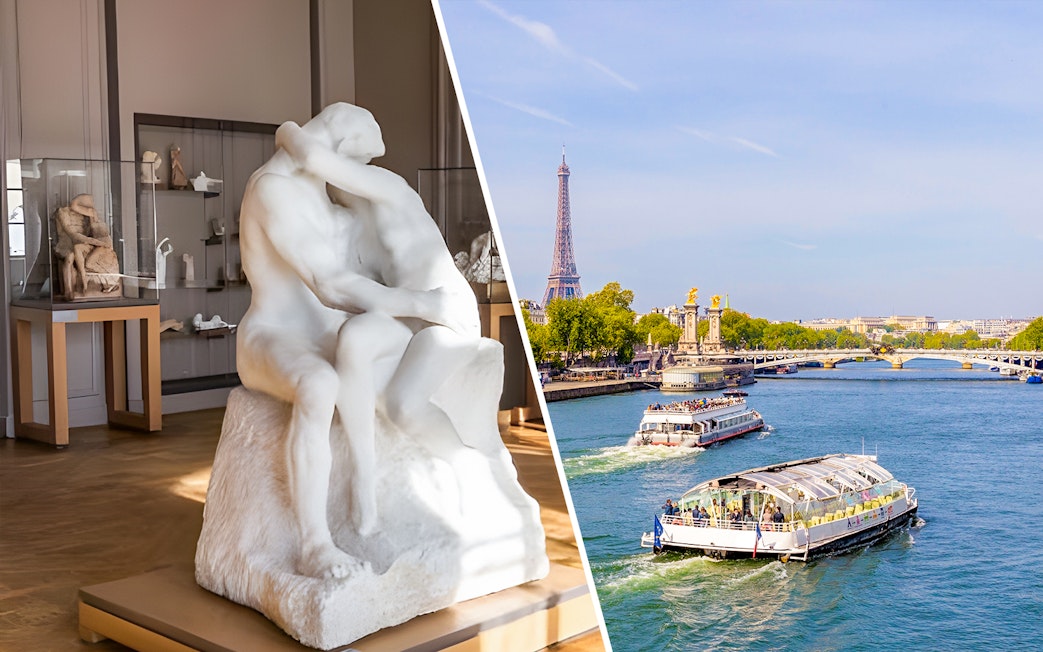 Sculpture inside Rodin Museum with Seine River and Eiffel Tower in Paris.