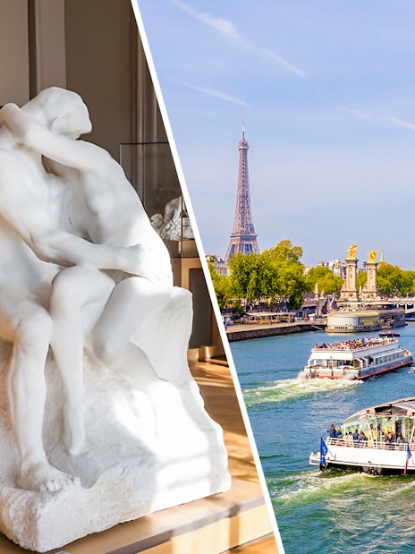 Sculpture inside Rodin Museum with Seine River and Eiffel Tower in Paris.
